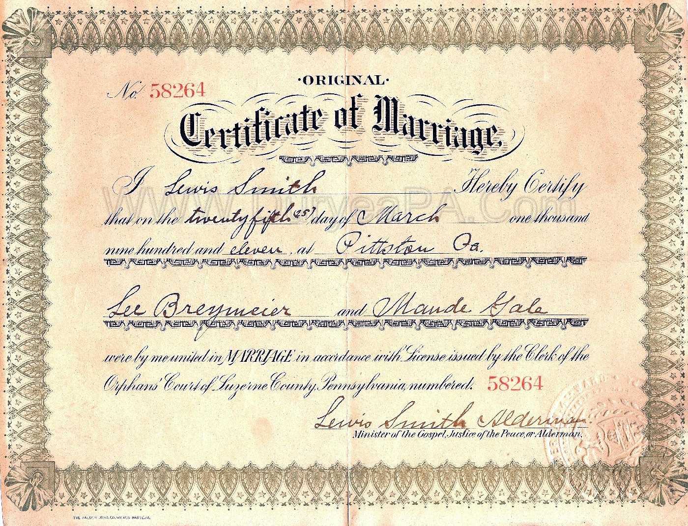 Sample PA 1911 Marriage Certificate - Pennsylvania Genealogy